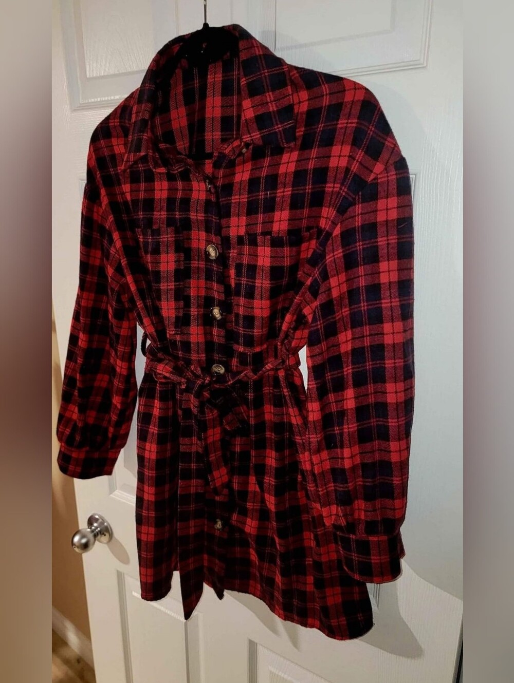 Red and Black Plaid Belted Shirt Jacket
